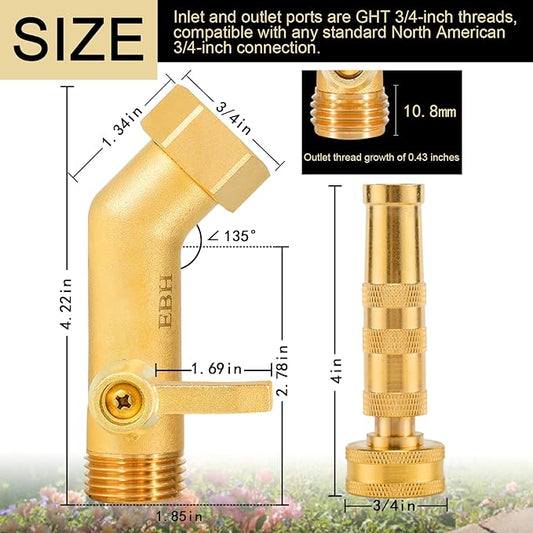 EBH Adjustable Heavy Duty Brass Garden Hose Nozzle - High Pressure Jet Nozzle, 135° Elbow and Comfort Grip with Hose Shut Off Valve, 3/4” GHT Nozzle for Garden Hoses and Car Washes
