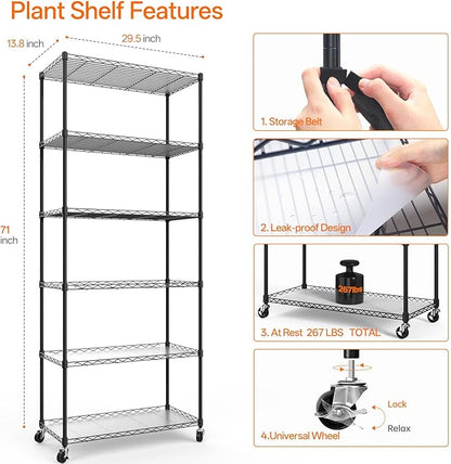 Bstrip Plant Shelf with Grow Light, Metal Plant Stand with Adjustable Rack and Wheels, 5 Pack 24W Full Spectrum Grow Light Strip for Indoor Plants, Seed Starting, Seed Tray, 29.5"x13.8"x71"