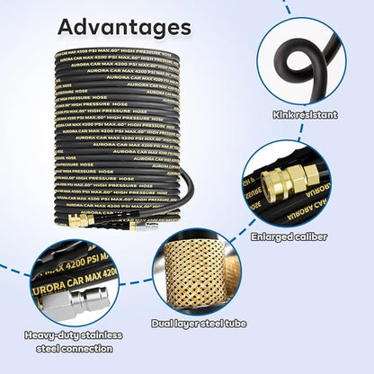Pressure Washer Hose 100FT with 3/8 Inch Quick Connect, Kink Resistant High Tensile Wire Braided, with 2 pcs M22 14mm Adapter Set, 4200 PSI Power Washer Hose