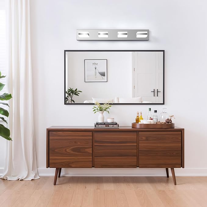 Bathroom Lighting Fixtures Over Mirror, 4 Light Bathroom Vanity Light Fixtures with Cool White 5000K, Silver LED Modern Vanity Wall Lights for Bath, Dressing Room, Restroom, 29.5 inch