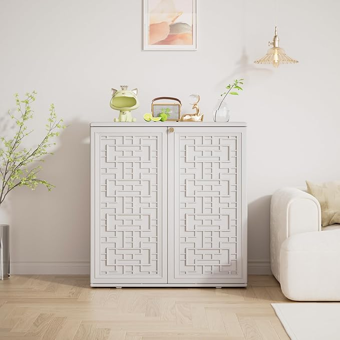 Indoor Outdoor Storage Cabinet Waterproof with Shelf, Off White Plastic Outdoor Cabinets for Patio/Garden/Backyard, Size 34.3''L*15''W*36.2''H