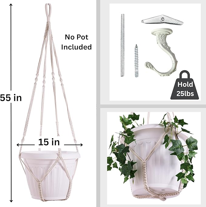 Giant XXL 55 Inches Macrame Planter Hanger Large for 15 inch Pot + Swag Hook | Extra Large Hanging Planter for Indoor Plants | No Pot/Plant Included (XXL)