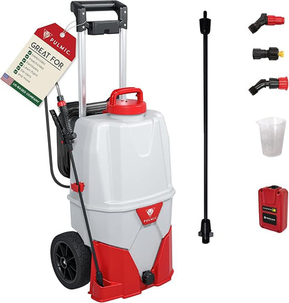 PULMIC Electric Sprayer Pegasus 35. 9.25-Gallon Cart Sprayer. 3 Application Speeds Up to 60 PSI Pressure. 18V Removable Lithium Battery. Up to 7 Hours of Autonomy. 20 ft Hose and Accessories Included