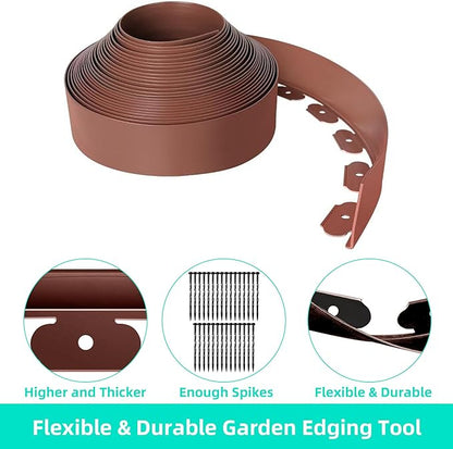 Landscape Edging Coil 66 FT, 4 Inch Tall Garden Edging Border Flexible Lawn Edging Kit with 60 Spikes, Plastic Edging for Landscaping Flower Beds Yard Pathway Paver Edging (4IN x 66FT, Brown)