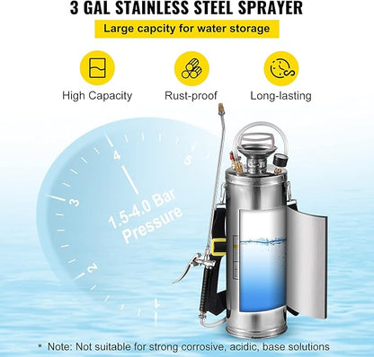 Happybuy 3 Gallon Stainless Steel Sprayer, 20" Wand & 3FT Reinforced Hose, Hand Pump Sprayer with Pressure Gauge, Safety Valve & Adjustable Nozzle, Weed Sprayers for Lawn, Gardening & Sanitizing