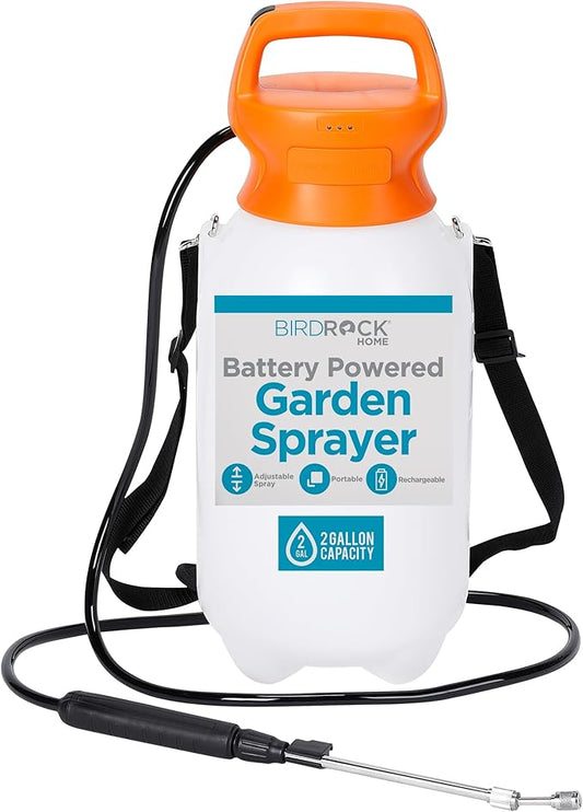 BIRDROCK HOME Garden Sprayer with Battery Powered Pump - Stainless Steel Wand, Rechargeable, Adjustable Spray, & Portable for Lawn, Garden, Plants, and Cleaning - White Translucent Body - 2-Gallon