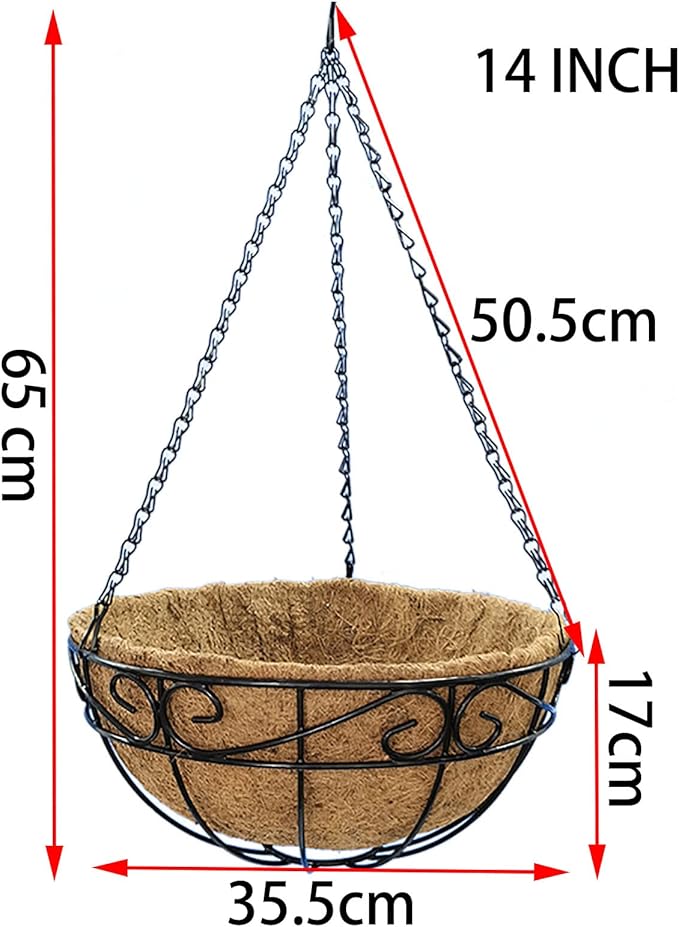 4 Pack 14 Inch Hanging Baskets for Plants Outdoor Metal Hanging Planter Basket with Coco Coir Liner Hanging Flower Pots Holder for Garden, Patio(Flower)