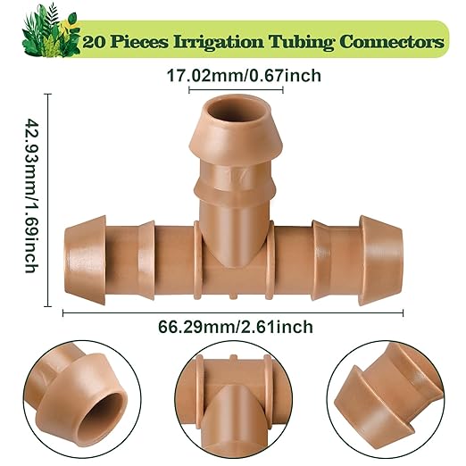 20 Pack 1/2 Inch Drip Irrigation Tee Fittings - 17mm 1/2'' Drip Line Barbed T Connectors for 1/2 Inch Drip Irrigation Tubing (0.600'' ID) Irrigation Attachment Parts for Garden System