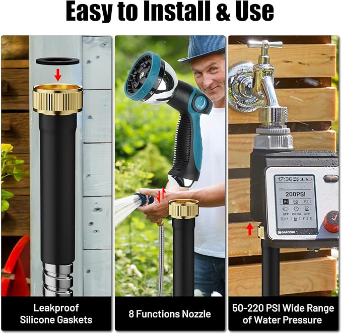 Short Garden Hose 10 ft, Male to Female Heavy Duty Stainless Steel Small Water Hose Extende Connector, Flexible No Kinks Leakproof 3/4 in Fittings, Lightweight Metal Leader Hose,MBT10S Model