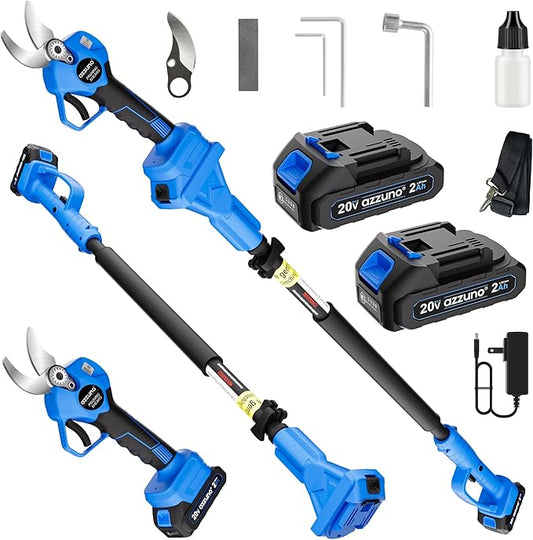 AZZUNO 20V 2-IN-1 Electric Pole Pruning Shears: 1.4 Inch Cordless Long Handle Pruner 13ft Reach, Brushless Branch Cutter with LCD Display for Tree Trimming Gardening (2Pcs 2.0Ah Batteries and Charger)