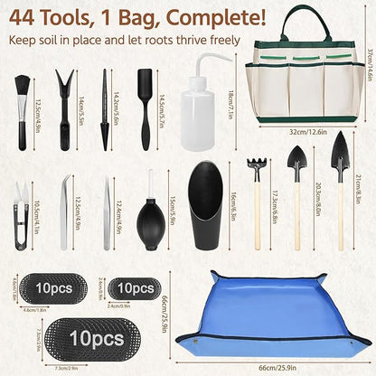 LASZOLA 45 pcs Repotting Set with Potting Mat Tiny Tools for Indoor Plants Succulents, Gardening Bag Kit with Waterproof Tray and Mini Tools, Ideal for Soil Replacement Seedling Transplanting, Blue