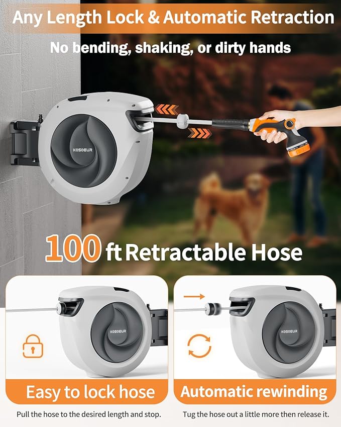 KOSOEUR Retractable Garden Hose Reel, 1/2 In X 100 ft Retractable Hose Reel, Automatic Retractable Water Hose Reels for Outside with 10 Pattern Nozzle, Any Length Lock Auto-retract 180° Swivel Bracket