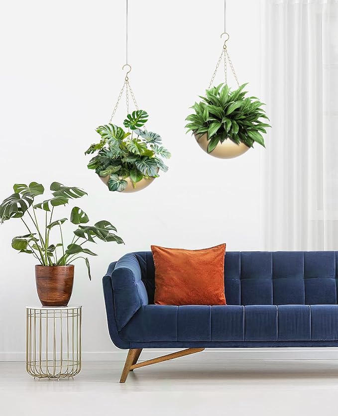AceList 2 Pack Gold Hanging Planter for Indoor Plants - 9.8 Inch Boho Metal Plant Hanger Indoor with Hooks, Hanging Plant Holder for Window and Ceiling