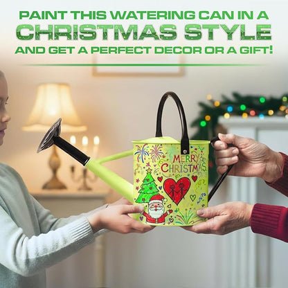 Plexon 1 Gallon Metal Watering Can Outdoor, Flower Plant Gardening Garden Large Watering Can Pot, Black Galvanized Steel Handles and Removable Spray Spout, Green