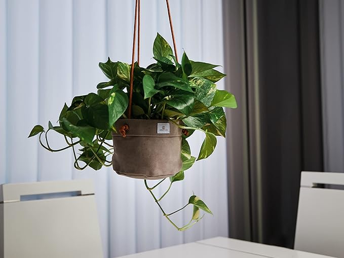 Large Waxed Canvas Handmade Hanging Planter for Indoor/Outdoor Plants, Hanging Basket Plant Holder Stone Gray with Hook