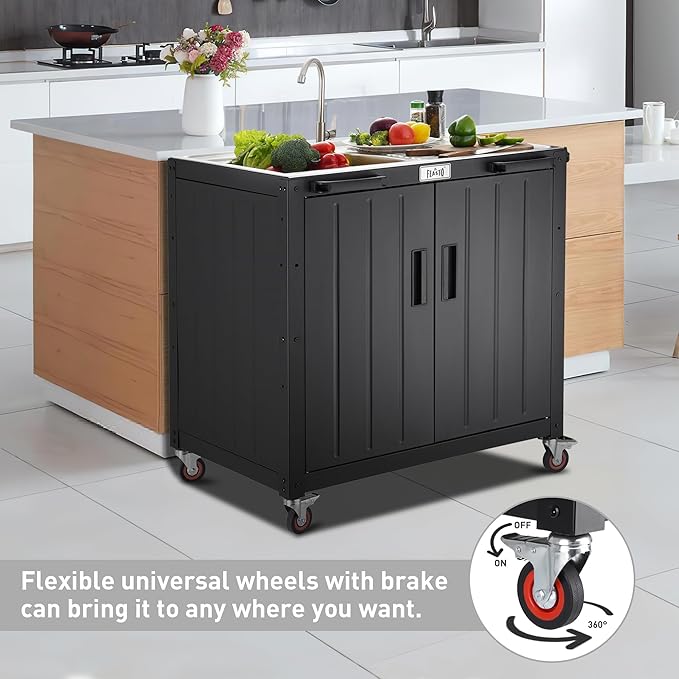 Freestanding Grill Cart with Sink and Cabinet, Movable Outdoor Cart Table with 304 Stainless Steel Sink, Outdoor Grill Cart, Outdoor Grill Station with Wheels, L35.4 x W24