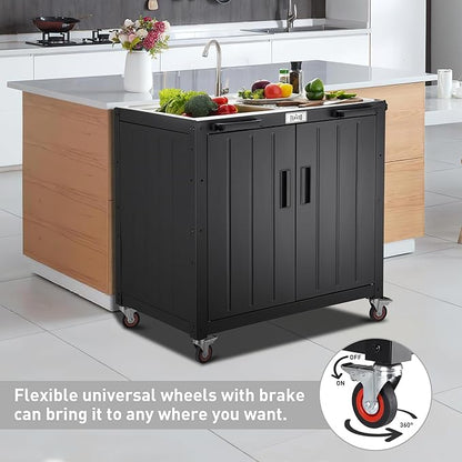 Freestanding Grill Cart with Sink and Cabinet, Movable Outdoor Cart Table with 304 Stainless Steel Sink, Outdoor Grill Cart, Outdoor Grill Station with Wheels, L35.4 x W24