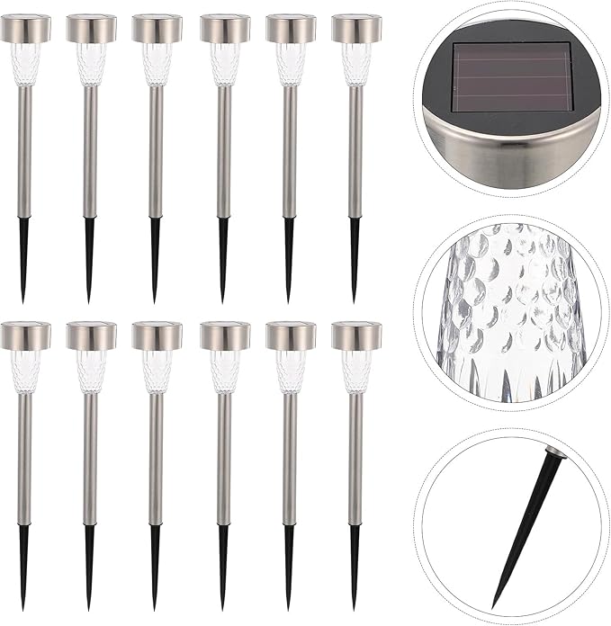 12Pcs Stainless Steel Solar Lawn Stake Lights Warm White Outdoor Pathway Garden Solar Powered Decorative Lighting for Yard Patio