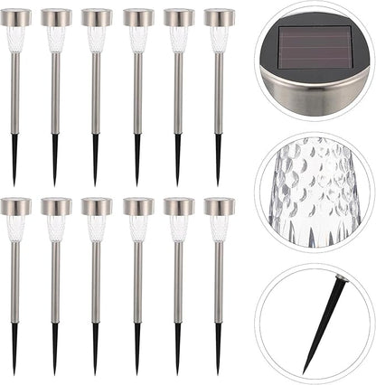 12Pcs Stainless Steel Solar Lawn Stake Lights Warm White Outdoor Pathway Garden Solar Powered Decorative Lighting for Yard Patio