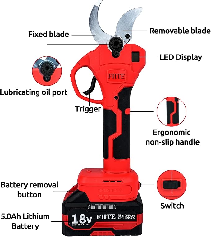 Electric Pruning Shears, Upgraded 40mm 1.6'' Cutting Diameter Portable Cordless Pruning Shears with LCD Display Garden Shears & 2 * 5.0Ah Rechargeable Batteries and Toolkit for Garden Tree Branch