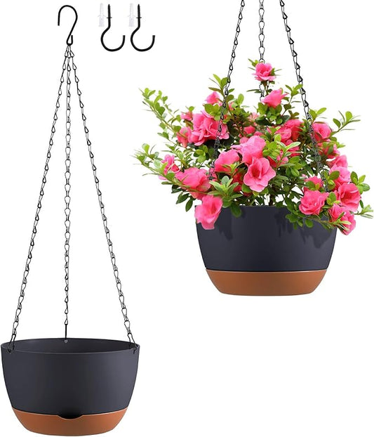 Set of 2 10 Inch Self Watering Hanging Planters for Indoor Outdoor Plants, Color Blocking Hanging Baskets Flower Pots with Drainage Hole & Removable Water-Storage Tray