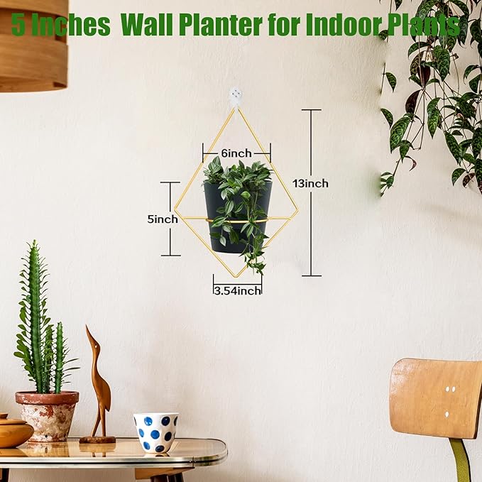 3 Sets Wall Planters for Indoor Plants Geometric Hanging Planters for Indoor Plants - Self-Watering Flower Pots with Black Metal Holder, Mounted Succulent Planter, 5" Black Plant Pot