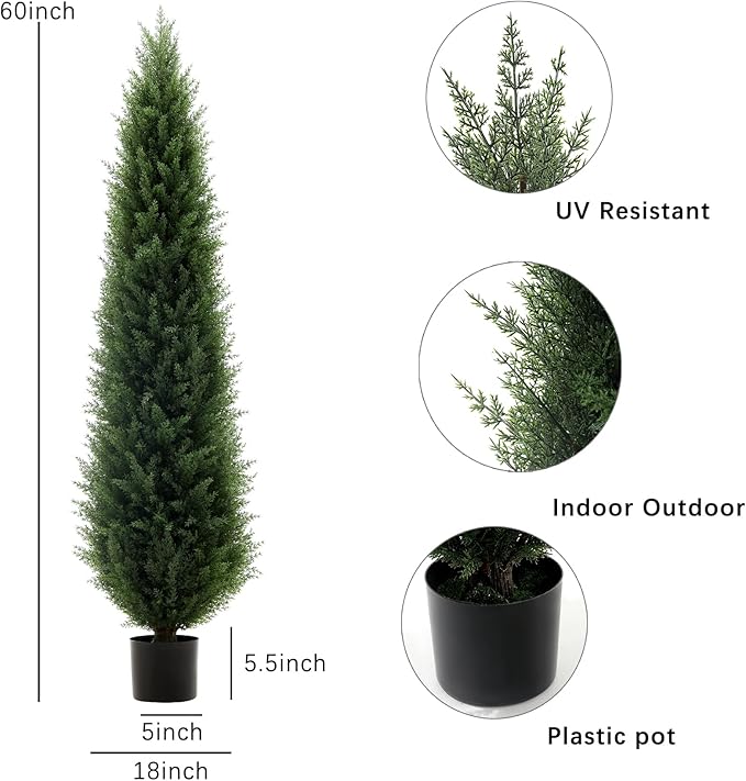 5 ft Artificial Cedar Topiary Trees, 2 Pack Uv Resistant Faux Outdoor Plants, Front Door Cypress Tree Decor Outdoor Entrance, Tall Fake Outside Plants, Evergreen Arborvitae Plastic Indoor Plant