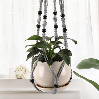 3-Pack Macrame Plant Hanger Indoor - Hanging Planter Basket for Indoor Outdoor - Decorative Boho Plant Holders Set with Beads - Ceiling Flower Pot Holder with 6 Hooks - 35"/30"/24" Gray