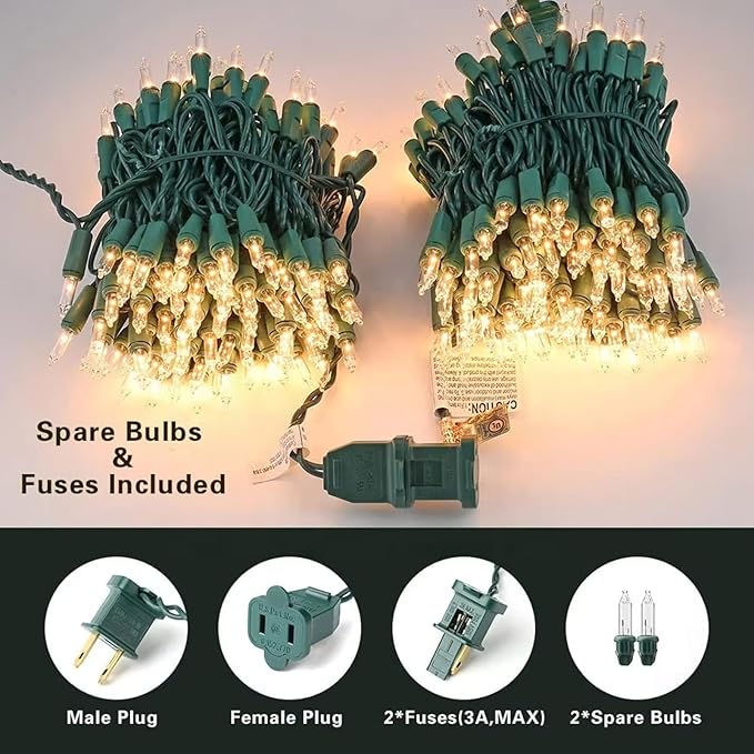 Vigdur 2 Pack 13ft 50 Clear Outdoor String Lights on Green Wire Cord, UL Approved for Indoor/Outside Use, Connectable 120V Clear Outdoor Lights for Xmas Patio Home Party Garden Decor(Green)