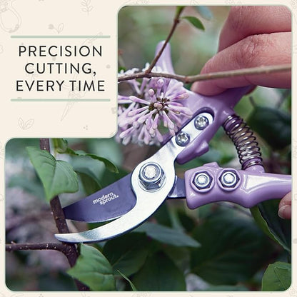 Modern Sprout Hand Pruners - Lightweight Pruning Shears W/Easy Lock- Gardening Scissors - Bypass Sharp Carbon Steel Blade - Rust Resistant - Garden Tools - Reusable Holster - Sage
