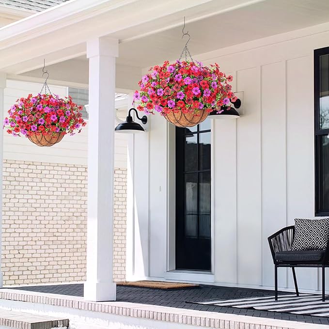 Artificial Silk Flowers Hanging Baskets Outdoors Indoors, Daisy with Eucalyptus Leaves Arrangement for Garden Yard Spring Summer Decor Faux Green Plant Metal Coconut Lining (Red Purple Red Brown)