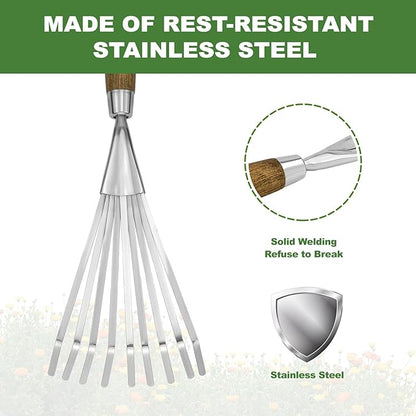 Haliaeetus Garden Hand Rake, 14.6'' Small Rake for Tight Areas, 9 Tines Stainless Steel with Ergonomic Wood Handle for Clearing Leaves and Loose Debris