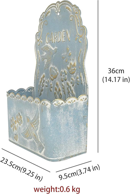 BIG FORTUNE Metal Wall Mount Planter Wall Vases for Flowers Shabby Chic Decor for Rustic Farmhouse Outdoor Decor (Blue)