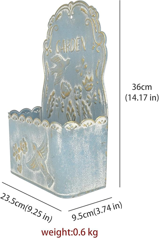 BIG FORTUNE Metal Wall Mount Planter Wall Vases for Flowers Shabby Chic Decor for Rustic Farmhouse Outdoor Decor (Blue)