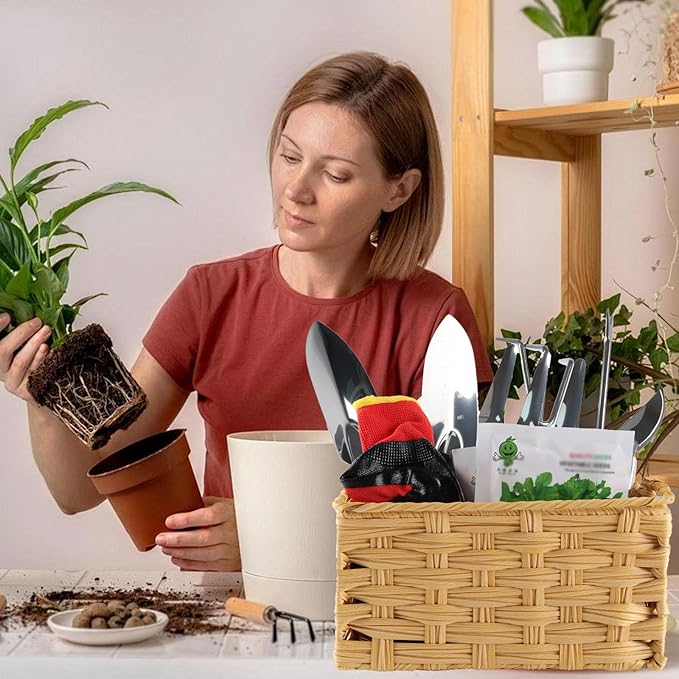 Garden Tools 8-Piece,Wicker Garden Basket with Handle,Gardening Tool Set Gardening Supplies,Outdoor Weed Puller Tool Organizer,Ideal Gifts for Women Men