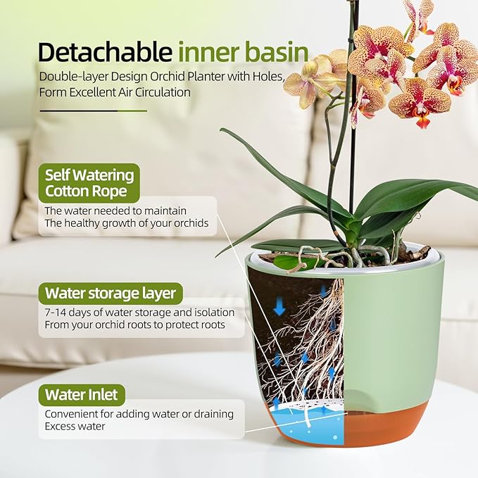 QCQHDU 2 Pack 5.7 Inch Orchid Pots with Holes for Repotting, Double-Layer and Self Watering Orchid Pot with Good Air Circulation