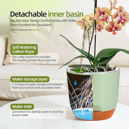 QCQHDU 2 Pack 5.7 Inch Orchid Pots with Holes for Repotting, Double-Layer and Self Watering Orchid Pot with Good Air Circulation