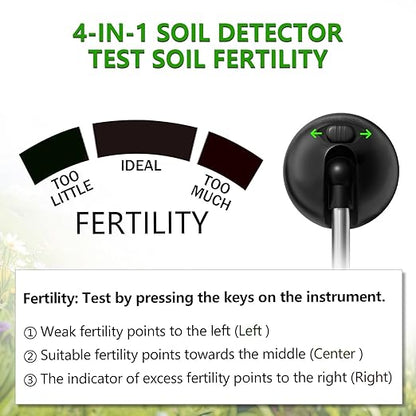 4-in-1 Soil Tester, Soil Moisture Meter/Soil PH Meter/Sun-Light/Fertility, Moisture Meter for Plants Gardening, Lawn, Farm (No Battery Required)