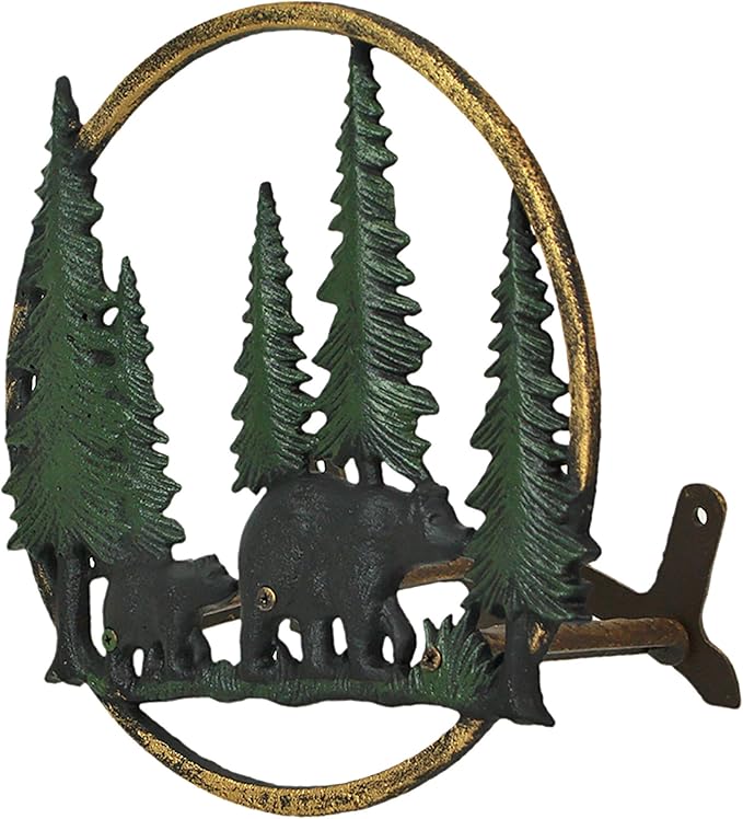 Zeckos Cast Iron Black Bears in Forest Decorative Wall Mounted Hanging Garden Hose Hanger - 11 Inches in Diameter - Wildlife Themed Outdoor Hose Holder Decor