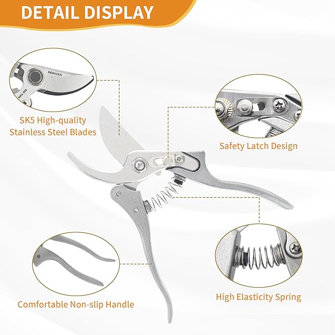 BOOSDEN Bypass Pruning Shears，8’’ Professional Garden Shears, Plant Garden Scissors with Sharp SK5 Steel Blades, Handheld Clippers for Cutting Flower, Trimming Plants, Bonsai, Fruits Picking