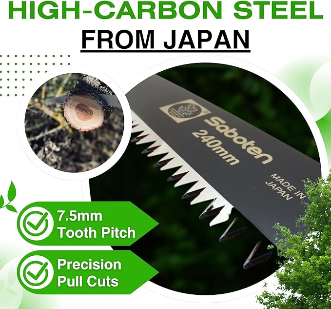 Saboten Japan 9.4" Japanese Pruning Saw – Fluorine-Coated High-Carbon Steel Blade, Traditional Wooden Handle, Precision Pull Cut Tool for Branches – forest Originals, Made in Japan