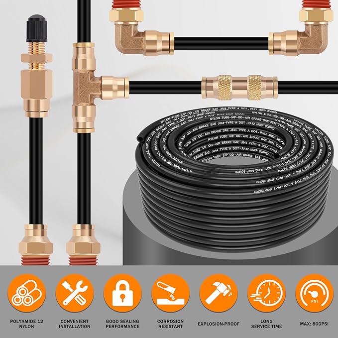 CheeMuii 200 FT 3/8 Pneumatic Tubing 3/8" DOT Air Line SAE J844 PA12 Nylon DOT Air Hose 61 Meter 3/8 Inch OD Pneumatic Air Tubing Pipe Hose Line