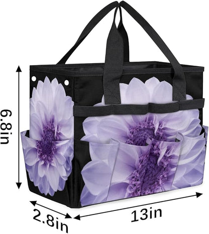 Purple Dahlia Garden Tool Bag Waterproof Gardening Tool Storage Bag with Handle & 10 Pockets Gardening Tote Bag for Women Garden Tool Organizer
