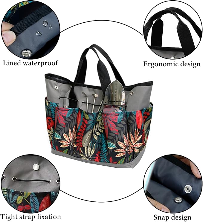 Garden Tool Bag Maple Leaf Gardening Bag with 8 Pockets Canvas Garden Tote Bag Women Men Garden Plant Tool Storage Bag (Tools NOT Included)