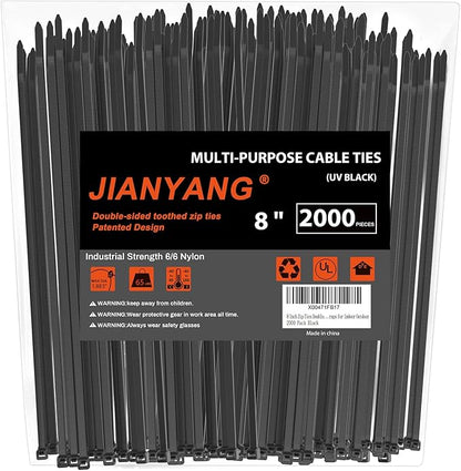 8 Inch Zip Ties Double Sided Toothed (Bulk 2X1000 Pack Black),65lbs Tensile Strength Heavy Duty Cable Wire Ties with Self-Locking Adjustable Nylon Tie Wraps for Indoor Outdoor (Patented Design)