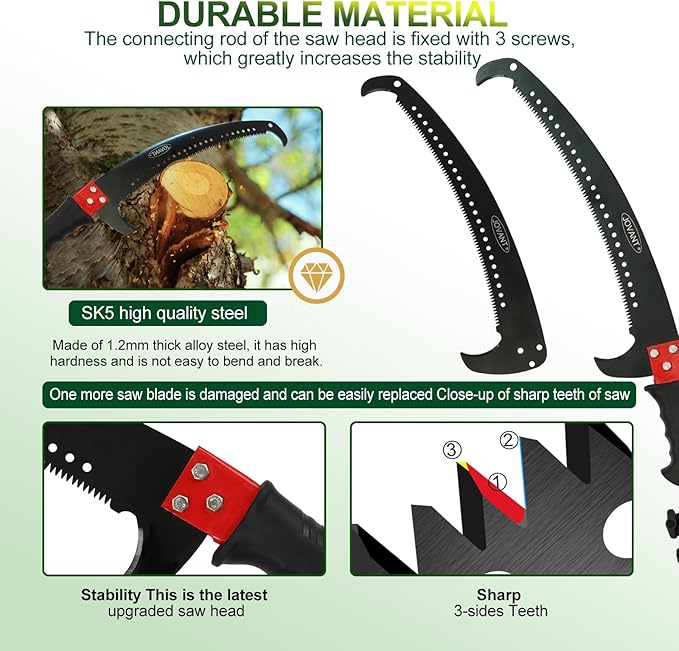 Manual Pole Saw,6.5-20 ft Extendable Pole with Double Lock Design to Reach up 26 ft for High Branches Trimming,SK5 Sharp Three-Sided Sharpened Edges Blade for Pruning Wild Palm Shrub and Tree