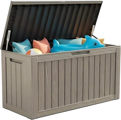 80 Gallon Resin Deck Box, Outdoor Storage Container for Patio Furniture Cushions, Garden Tools, Pool Accessories & Yard Equipment - All-Weather, Lockable, Wood Grain Design