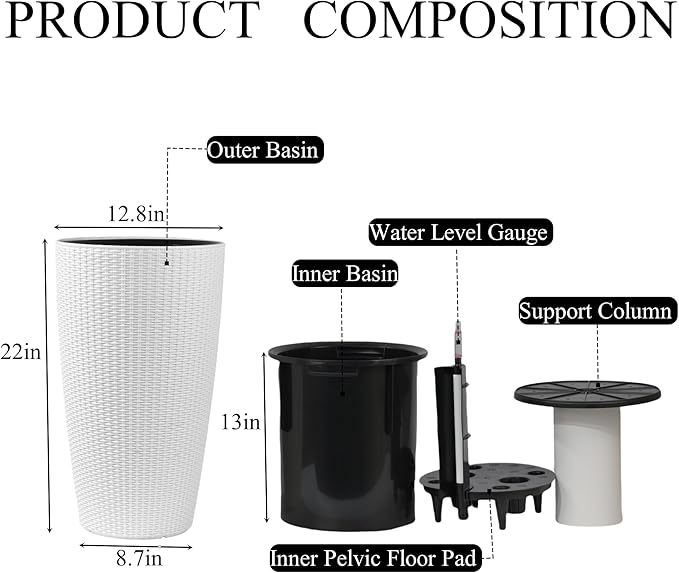 22" Tall Planter Set of 2, Large Self Watering Pots for Indoor/Outdoor Plants with Drain Holes, Water Level Monitor, Inner Bucket for Front Porch Patio, White Rattan Conical