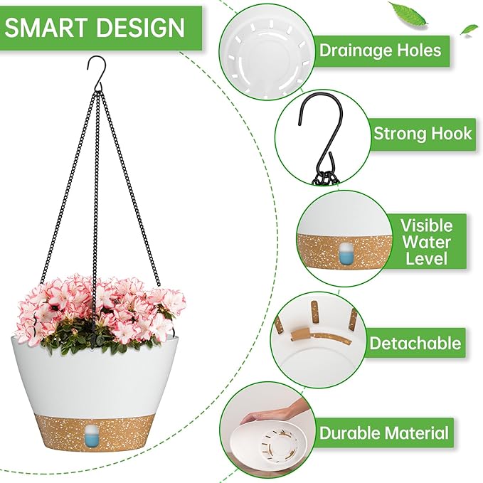 ZMTECH 10 Inch Hanging Planters for Outdoor Plants, Hanging Pots for Plants Indoor with Visible Water Level, Hanging Flower Basket with Drainage Holes & Removable Tray(2 Pack, White)