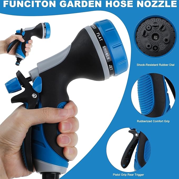 Garden Hose Nozzle with Adjustable 10 Watering Patterns,Hose Spray Nozzle with Slip Resistant High Pressure,Water Hose Nozzles Sprayer for Plants & Lawns Watering,Car Washing and Pet Showering Blue